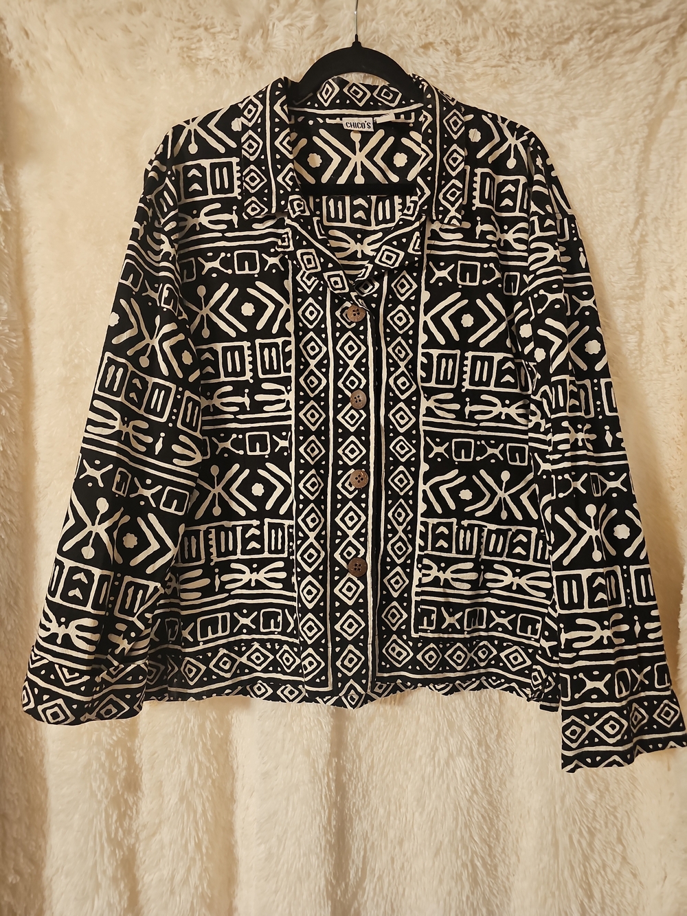 Chico's Black & White Tribal Print Button Up Collared Jacket